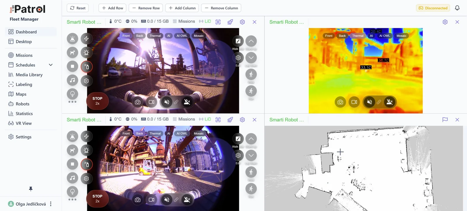 Patrol Fleet Manager dashboard showing live video, thermal imagery and a map view of the monitored site