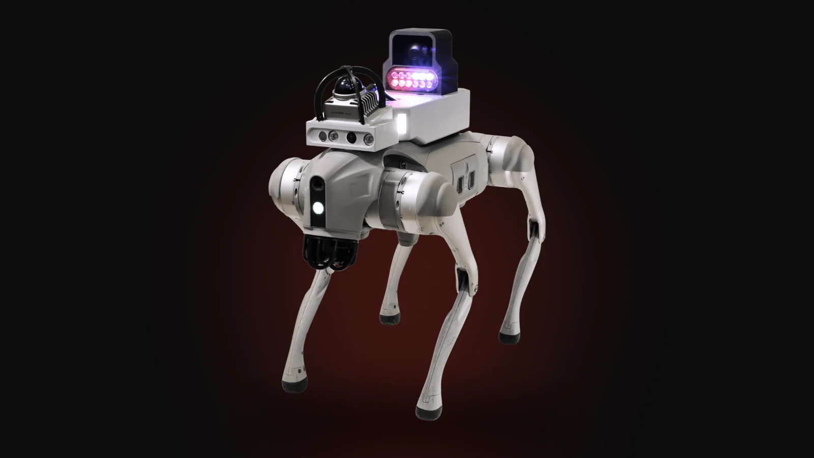 Invelogy Patrol: a DEEP Robotics M20 quadruped carrying the Invelogy Backpack with thermal camera, 360° LiDAR, beacon and speaker.